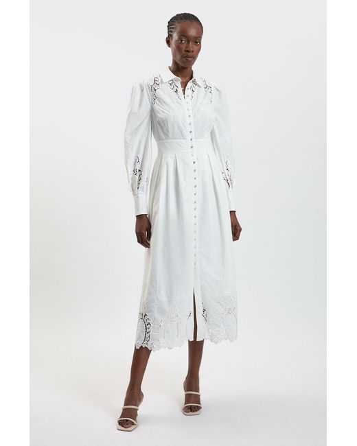 Karen Millen White Cotton Cutwork Balloon Sleeve Woven Midi Dress
