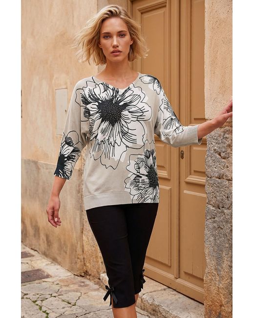 Roman Gray Mono Embellished Floral V-Neck Jumper