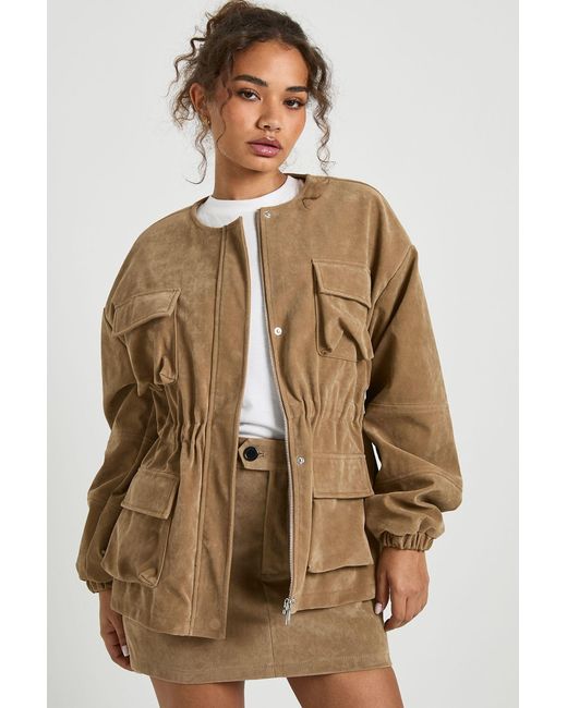 Boohoo Brown Suede Look Collarless Cinched Waist Jacket