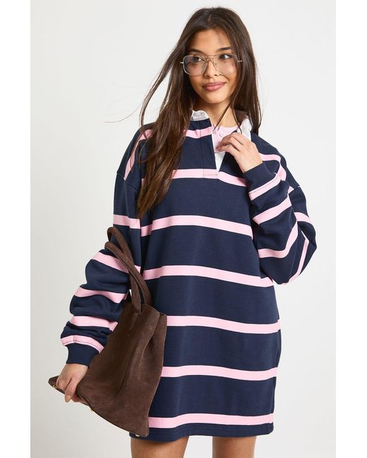 Boohoo Blue Stripe Long Sleeve Collared Sweat Dress