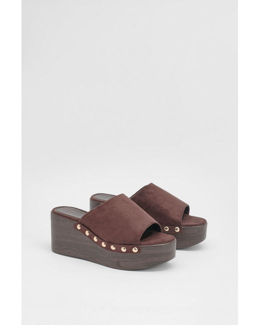 Oasis Brown Pattie Faux Suede Chunky Casual Wedge Mules