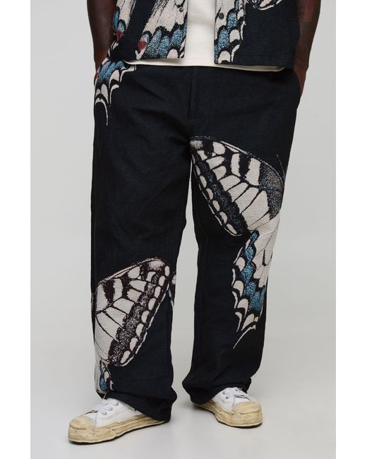 BoohooMAN Black Plus Butterfly Tapestry Relaxed Fit Pants for men