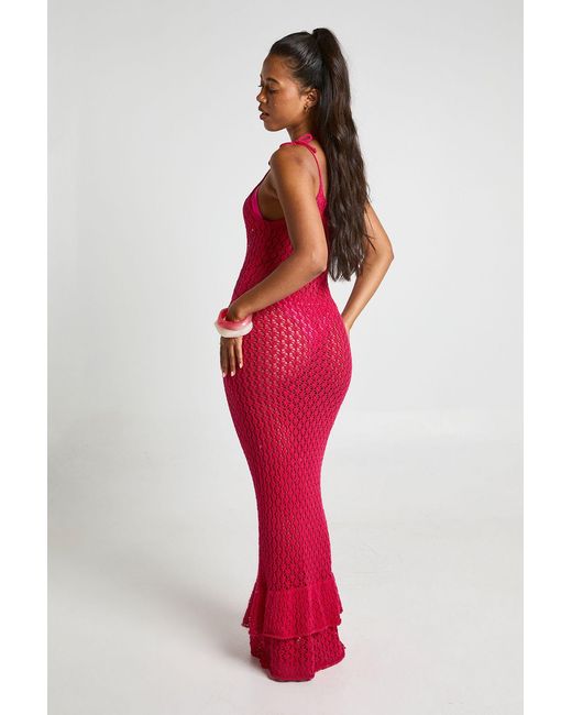 Boohoo Red Beach Crochet Tie Strap Maxi Dress