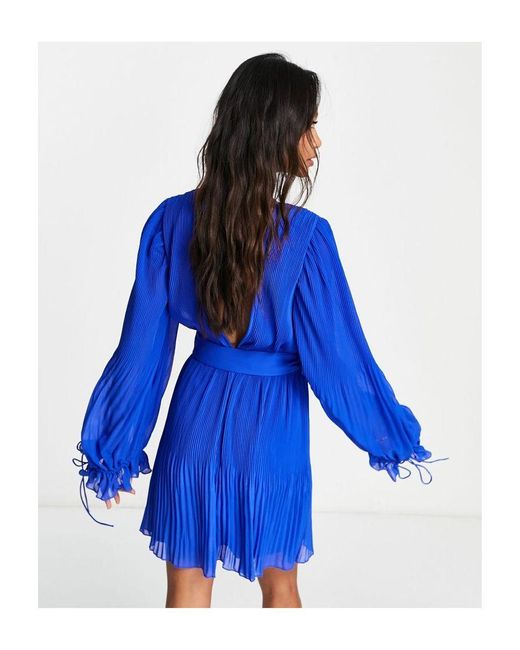 ASOS Blue Pleated Blouson Sleeve Mini Dress With Belt Detail