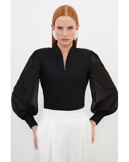Karen Millen Black Bandage Figure Form Zip Detail Chiffon Sleeve Knit Top