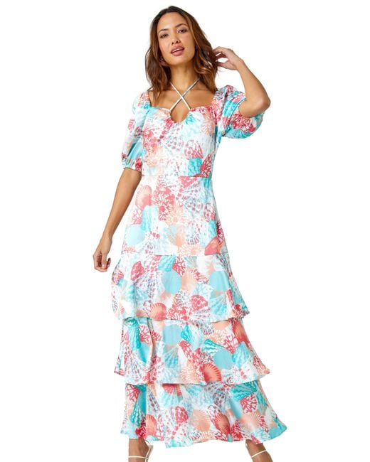 Roman White Puff Sleeve Tiered Maxi Dress