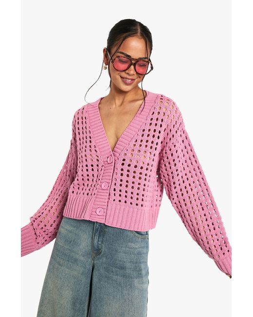 Boohoo Red Crochet Knitted Button Down Cardigan