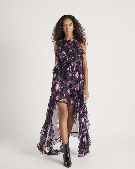 river island purple floral frill maxi dress River Island Maxi Dress Floral Ruffle in Black