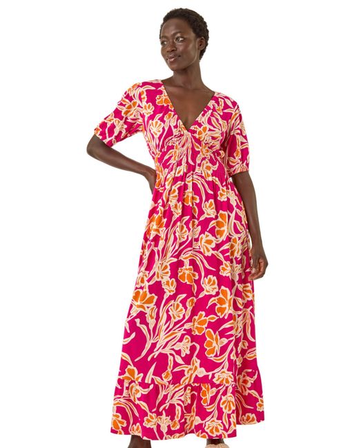 Roman Floral V-Neck Shirred Maxi Dress