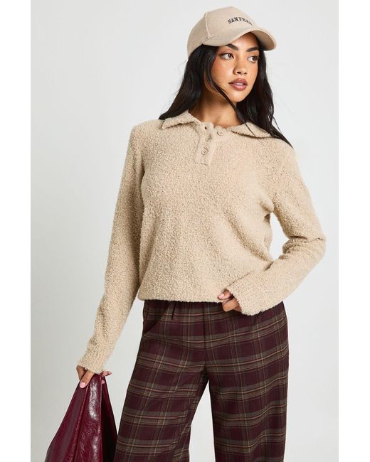 Boohoo Natural Soft Boucle Knit Collared Button Down Oversized Jumper