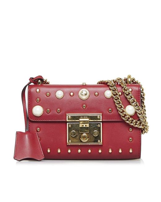 Gucci Vintage Pearl Studded Padlock Red Calf Leather