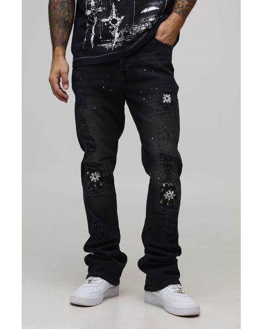 BoohooMAN Black Skinny Stacked Flared Rip And Repair Bandana Paint Splatter Jeans for men