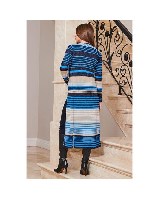 Sosandar Blue Metallic Stripe Print Longline Cardigan Viscose