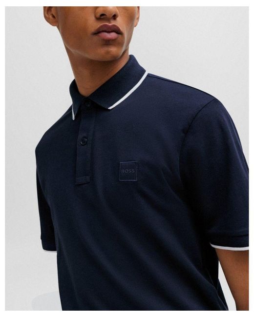 Boss Blue Passertip Short Sleeve Polo Shirt With Tipped Collar Size: L for men