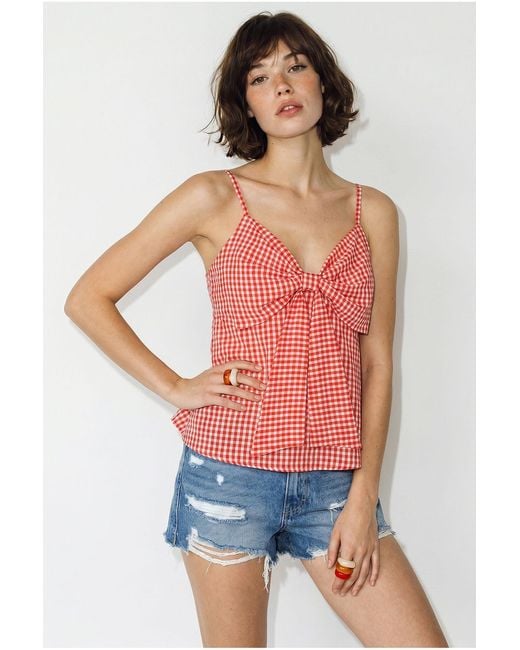 Bianco Lucci Red Cotton-Blend V-Neck Cami Blouse With Bow Detail