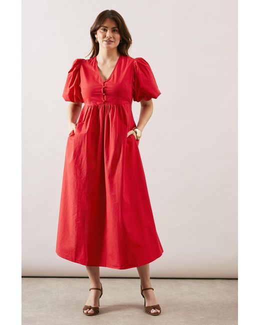 Wallis Red Cotton Poplin Button Midi Dress