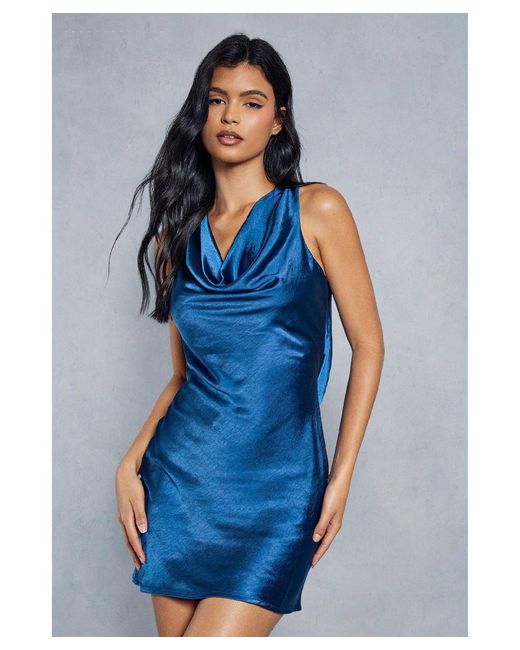 MissPap Blue Premium Satin Cowl Strap Detail Slip Dress