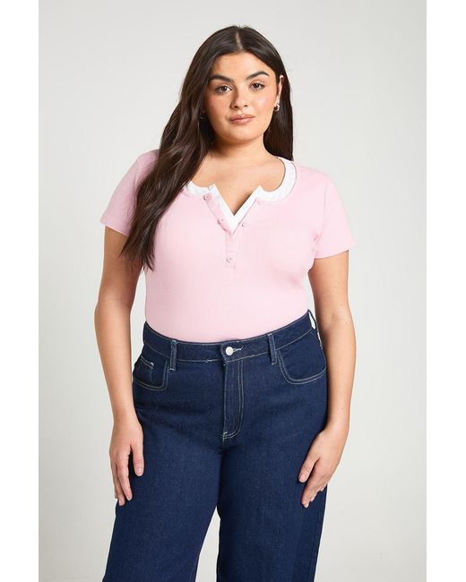 Boohoo Blue Plus Ribbed Contrast Henley Button Short Sleeve Top