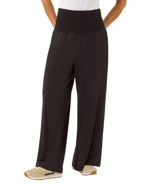 Roman Black Petite Shirred Wide Leg Stretch Trouser