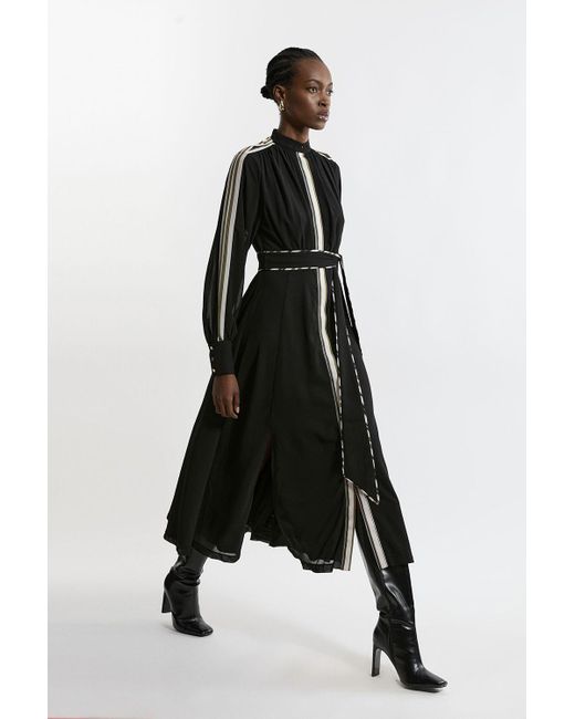 Karen Millen Black Military Mono Stripe Balloon Sleeve Maxi Dress