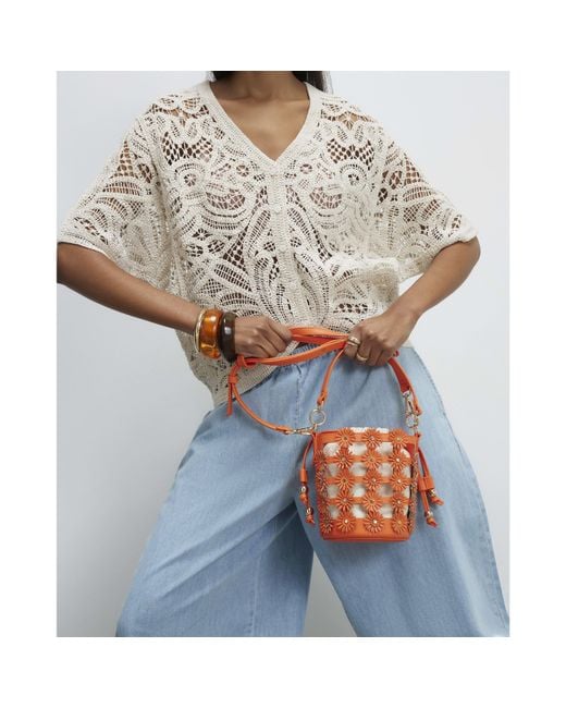 River Island Orange 3D Floral Cut Out Bucket Bag Pu