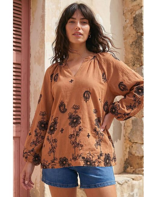 Roman Brown Floral Embroidered Top