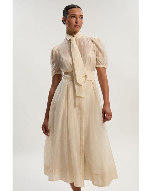 Karen Millen Natural Organdie Tie Neck Woven Midi Dress