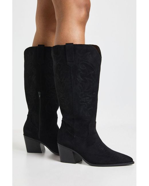 Boohoo Black Wide Fit Embroidered Faux Suede Western Boots