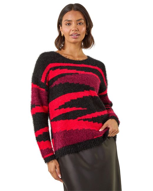 Roman Red Fluffy Colour Block Knit Jumper