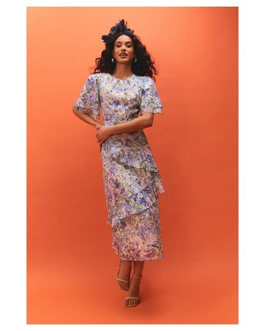 Oasis Orange Occasion Floral Asymmetric Ruffle Jacquard Midi Dress