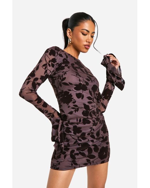 Boohoo Brown Devore Floral Frill Sleeve Mini Dress