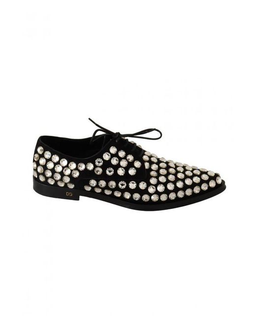 Dolce & Gabbana Black Leather Crystals Lace Up Formal Shoes