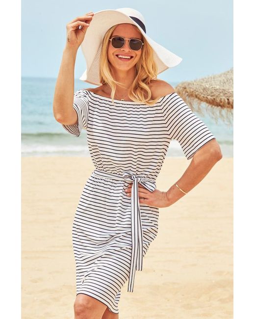 Sosandar White Stripe Tie Waist Bardot Jersey Dress