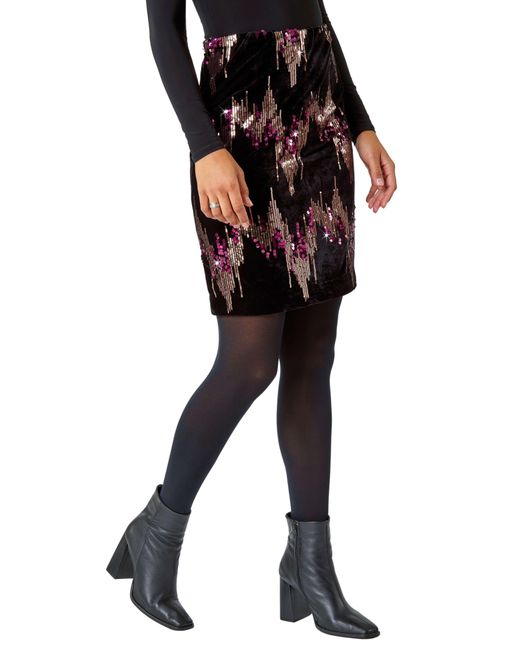 Roman Black Embellished Sequin Velvet Stretch Skirt