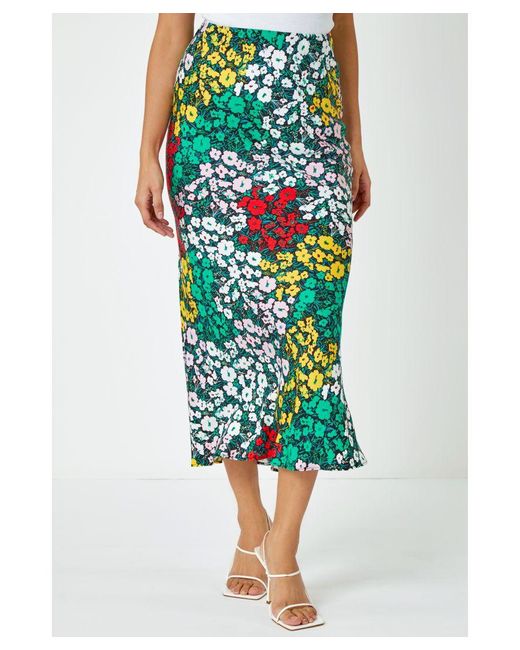 D.u.s.k Green Contrast Floral Print Midi Skirt