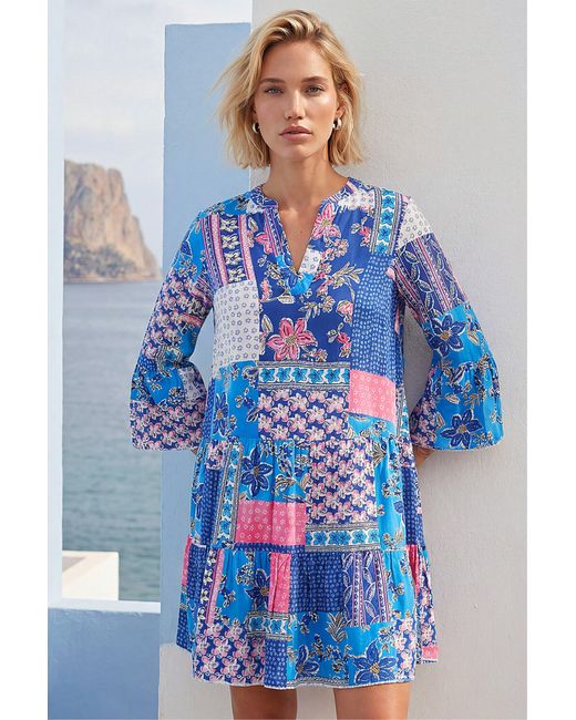 Roman Blue Patchwork Print Swing Dress