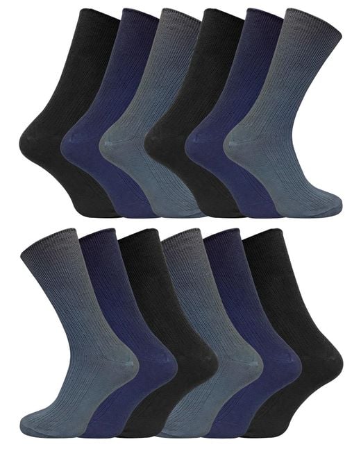 Sock Snob Blue 12 Pair Multipack 100% Cotton Diabetic Friendly Socks for men