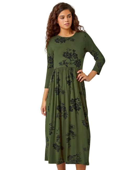 Roman Green Floral Print Midi Stretch Dress