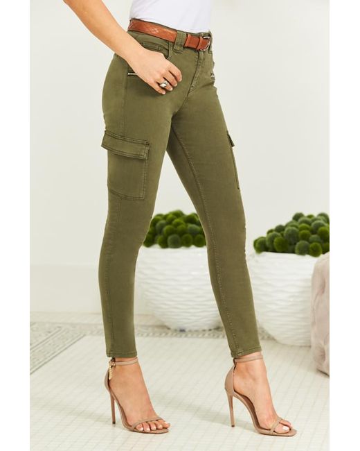 Sosandar Green Khaki Zip Detail Cargo Skinny Jeans Cotton