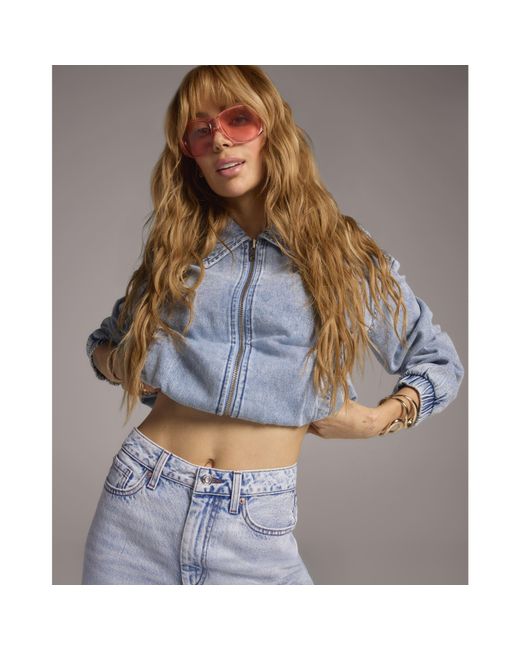 River Island Blue Bomber Jacket Gathered Denim Cotton