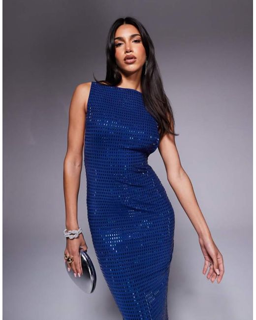 ASOS Blue Square Hotfix High Neck Minimal Maxi Dress With Low Back