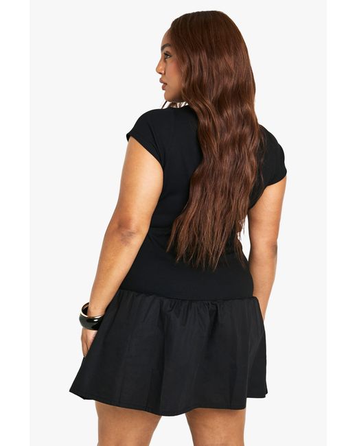 Boohoo Black Plus Trim Rib Poplin Mix Mini Dress