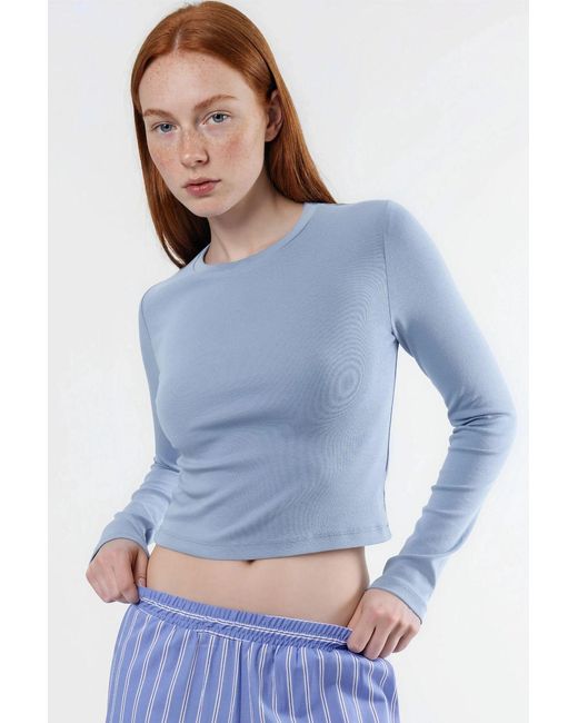 Busem Blue Slim Fit Long Sleeved Crop Top With Crew Neck