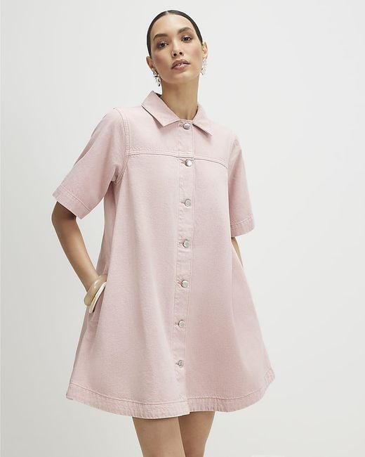 River Island Pink Dress Button Through Denim Short Sleeve Cotton