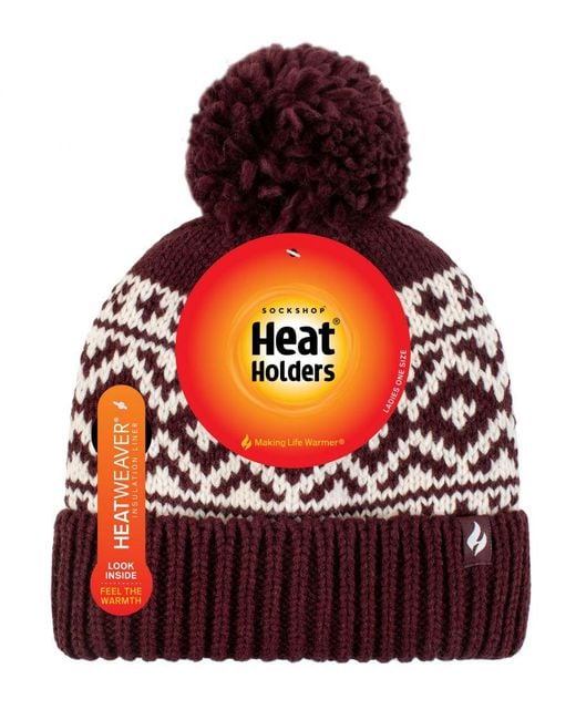 Heat Holders Red Ladies Patterned Turnover Bobble Hat