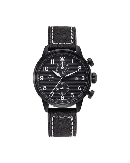 Laco Black Big Pilot Watch Vintage Chronograph Aviator With Dial Analogue Display And Leather Strap Stainless Steel for men