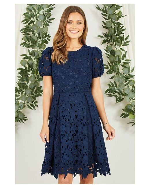 Yumi' Blue Lace Skater Dress With Puff Sleeves