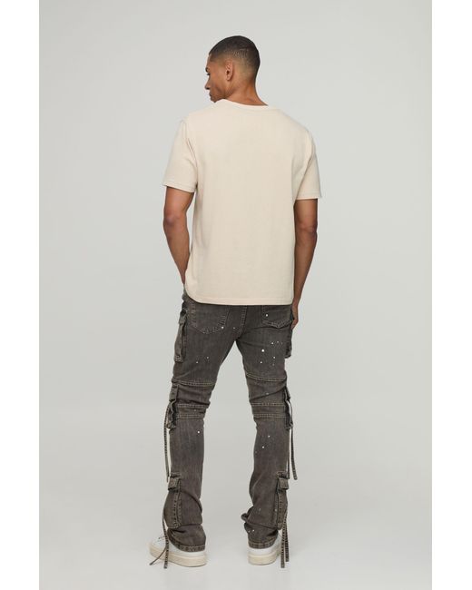 BoohooMAN Gray Washed Stacked Flare Strap Detail Cargo Jeans for men