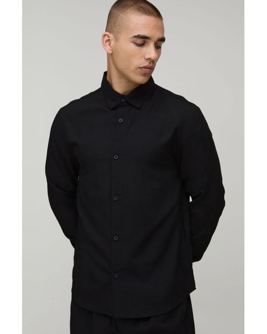 BoohooMAN Black Regular Fit Long Sleeve Linen Blend Shirt for men