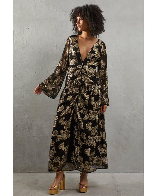 Warehouse Gray Metallic V Plunge Maxi Dress